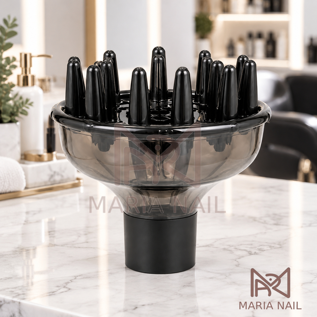 دیفیوزر سشوار حرفه‌ای (دیسپانسر) به رنگ مشکی، با طراحی کاسه‌ای و دندانه‌های مخصوص حجم‌دهی مو، موجود در فروشگاه تخصصی ماریا نایل شاپ